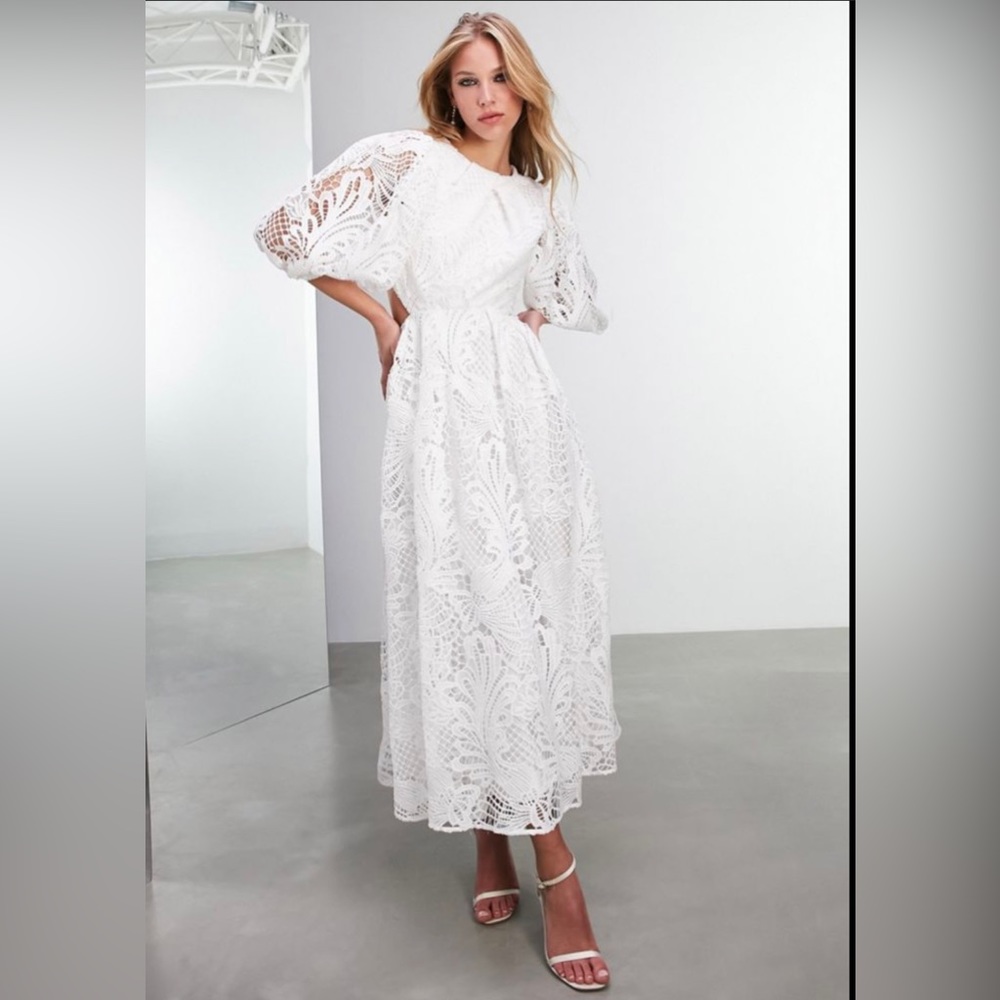 ASOS EDITION AVERY LACE CUTWORK EMBROIDERED MIDI WEDDING DRESS-WHITE